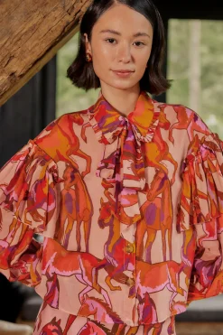  ROSE WILD HORSES BOW NECK TIE BLOUSE