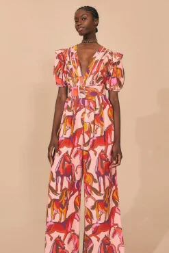  ROSE WILD HORSES PLEATED SHORT SLEEVE JUMPSUIT