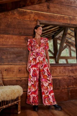  ROSE WILD HORSES PLEATED SHORT SLEEVE JUMPSUIT