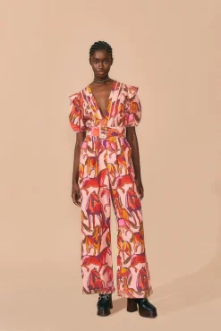  ROSE WILD HORSES PLEATED SHORT SLEEVE JUMPSUIT