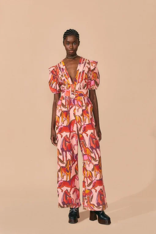  ROSE WILD HORSES PLEATED SHORT SLEEVE JUMPSUIT