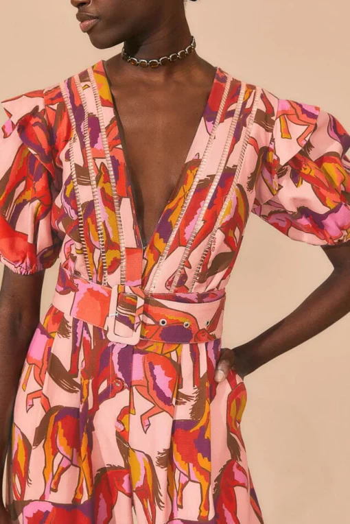  ROSE WILD HORSES PLEATED SHORT SLEEVE JUMPSUIT