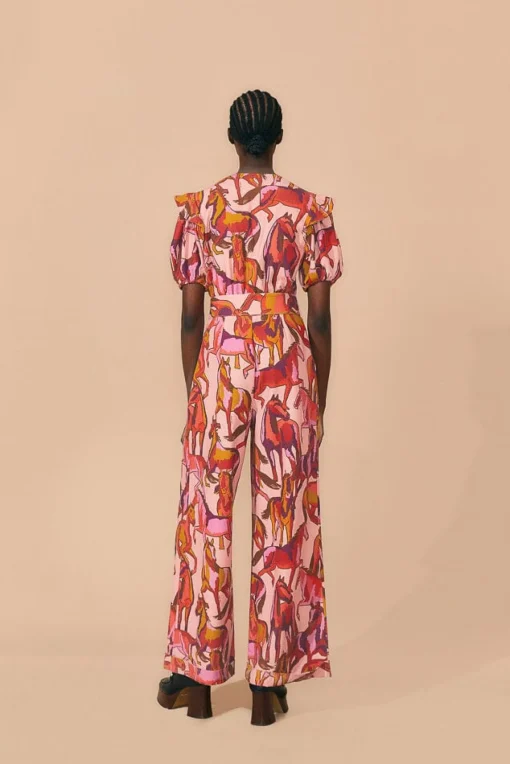  ROSE WILD HORSES PLEATED SHORT SLEEVE JUMPSUIT