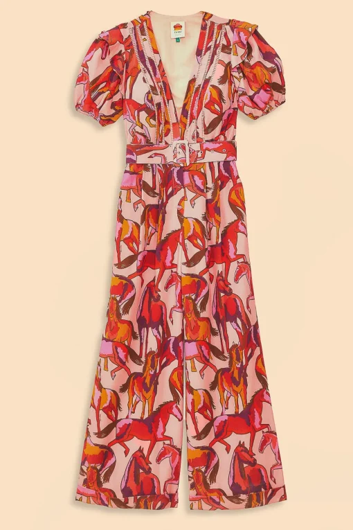  ROSE WILD HORSES PLEATED SHORT SLEEVE JUMPSUIT