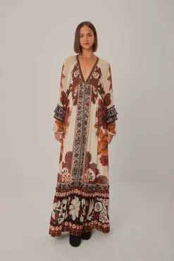  SAND WINTER TAPESTRY V NECK MAXI DRESS