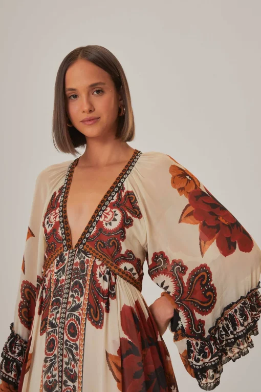  SAND WINTER TAPESTRY V NECK MAXI DRESS