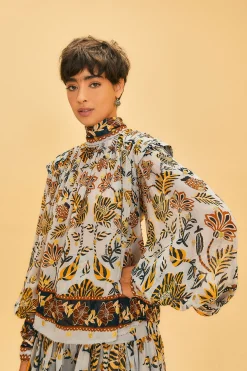  SILVER FLORAL TAPESTRY LONG SLEEVE BLOUSE