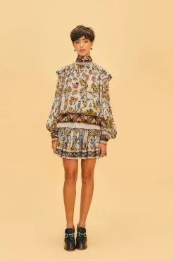  SILVER FLORAL TAPESTRY LONG SLEEVE BLOUSE