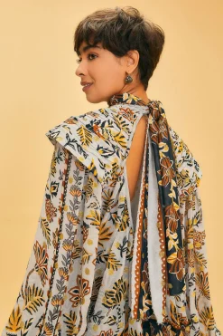  SILVER FLORAL TAPESTRY LONG SLEEVE BLOUSE