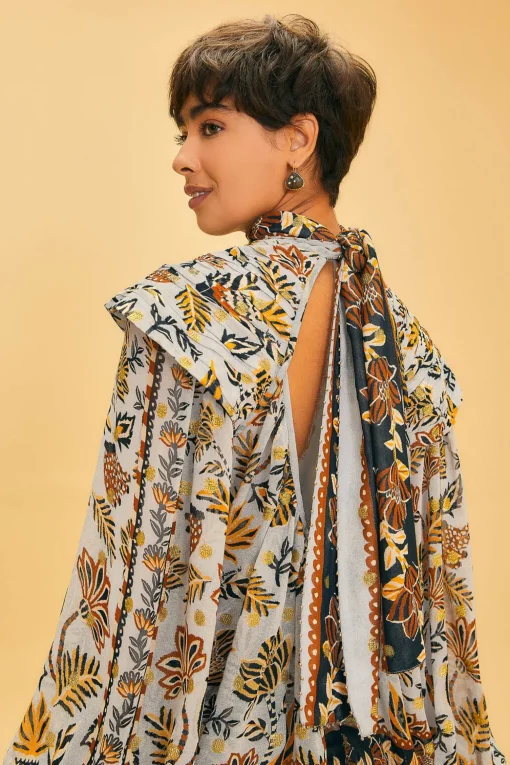  SILVER FLORAL TAPESTRY LONG SLEEVE BLOUSE