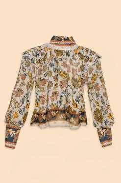  SILVER FLORAL TAPESTRY LONG SLEEVE BLOUSE