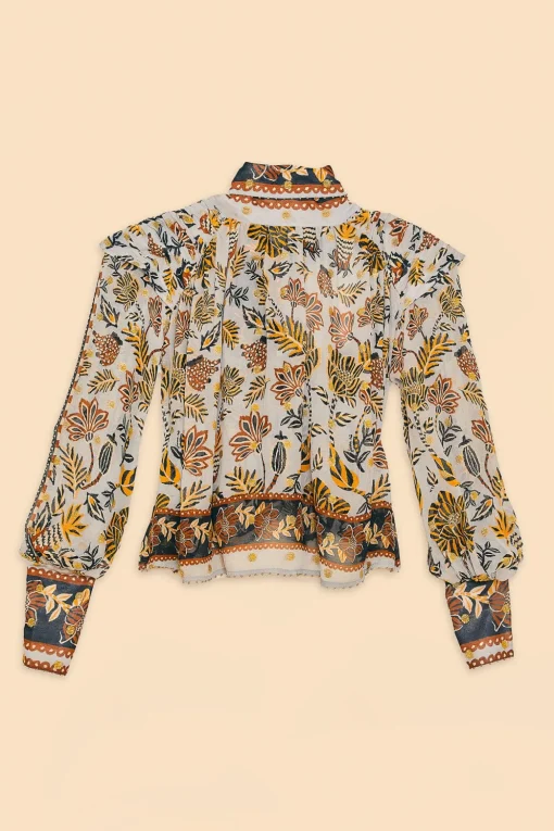  SILVER FLORAL TAPESTRY LONG SLEEVE BLOUSE