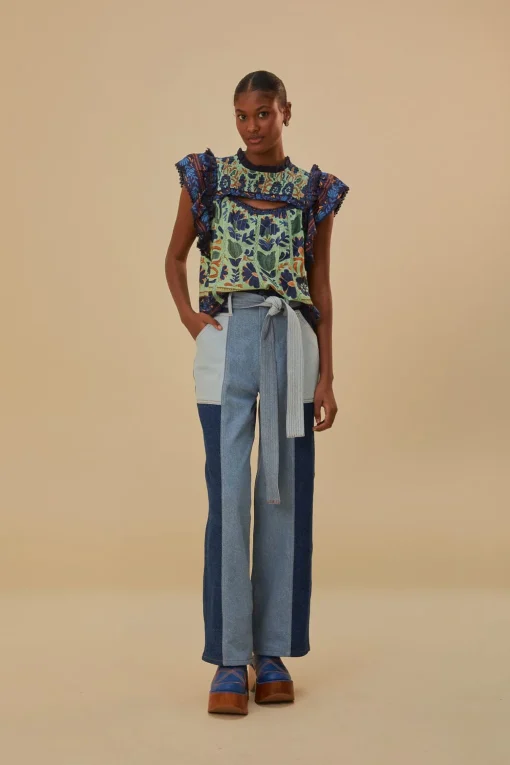  TIE WAIST PATCH DENIM PANTS