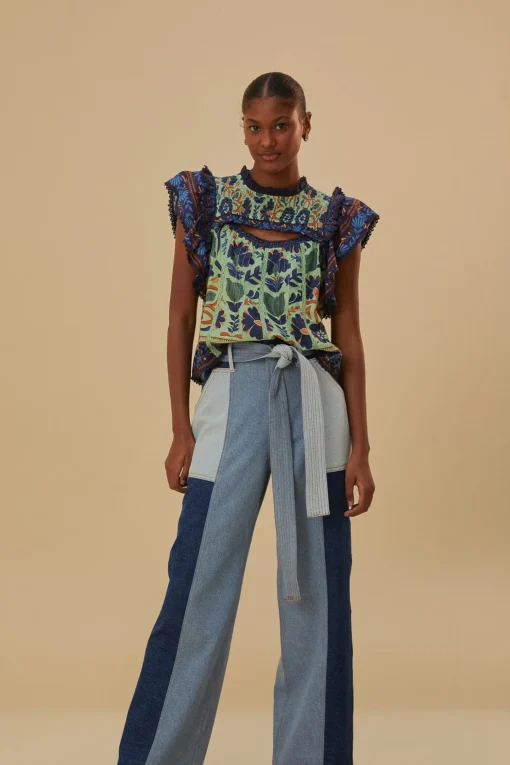  TIE WAIST PATCH DENIM PANTS