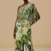 TROPICAL FOREST OFF-WHITE FRINGED MIDI DRESS