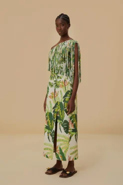  TROPICAL FOREST OFF-WHITE FRINGED MIDI DRESS