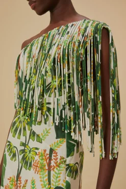  TROPICAL FOREST OFF-WHITE FRINGED MIDI DRESS