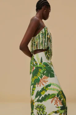  TROPICAL FOREST OFF-WHITE FRINGED MIDI DRESS
