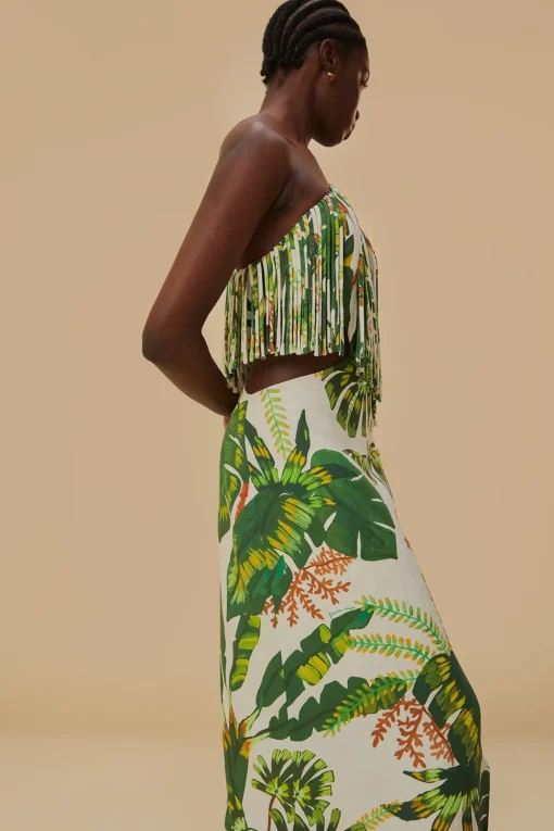  TROPICAL FOREST OFF-WHITE FRINGED MIDI DRESS