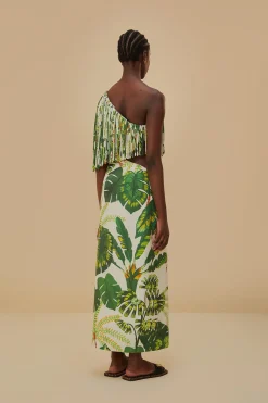  TROPICAL FOREST OFF-WHITE FRINGED MIDI DRESS
