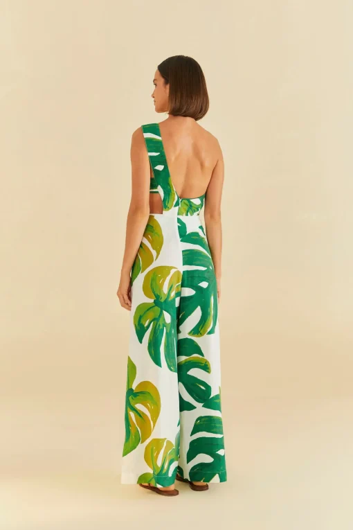  WHITE MONSTERA ONE SHOULDER JUMPSUIT