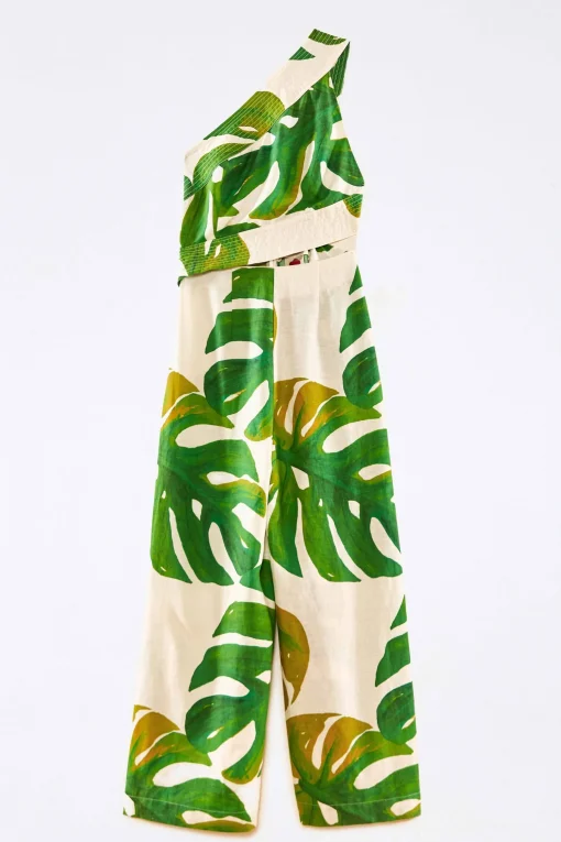  WHITE MONSTERA ONE SHOULDER JUMPSUIT
